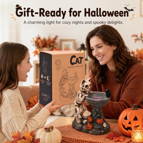 Nacome Solar Skull Cat Statues for Halloween Decor: IP65 Waterproof Resin - Image 2