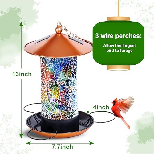 XDW-GIFTS Mosaic Solar Wild Bird Feeder, Waterproof Lantern Shape with S-Hook & 4 LED Lights, Garden Decor for Lawn, Patio, Balcony, Yard Ornament - Unique Gifts for Mom, Women, Grandma, Bird Lovers - Image 3