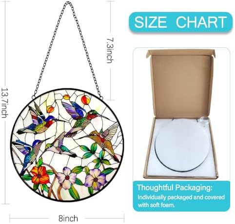 Hummingbird and Flowers Stained Glass Window Hanging - 8″ Hummingbird Suncatcher Indoor Window Hanging Decor Birds Ornaments with Chain and Hooks - Hummingbird Gifts for Women Mom Grandma Bird Lovers - Image 3