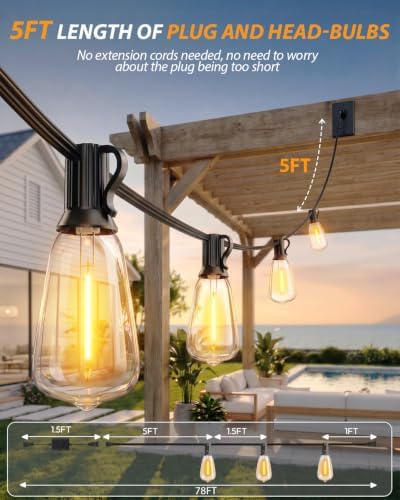 Outdoor String Lights 80FT, 50+3 Bulbs,120W Dimmer Romote, IP65 Waterproof - Image 4