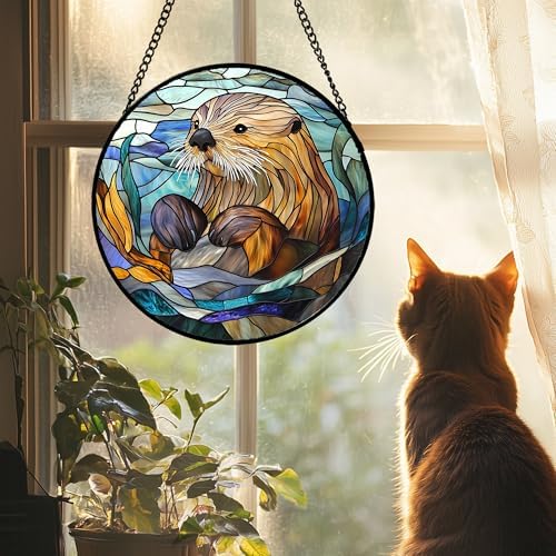 Stained Glass Suncatcher, Blue Ocean Cute Sea Otter Sun Catcher Stain Glass Window Hanging Decoration Mother's Day Birthday Gifts for Women Men Mom Nana 9.8 in by amderven