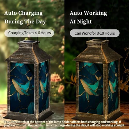 Solar Lantern Stained Glass Whale Ocean Wall Outdoor Waterproof Garden Hanging Lantern Solar Powered Lighting Outside Solar Light for Patio Yard Camping, Gifts for Women Mom - Image 4