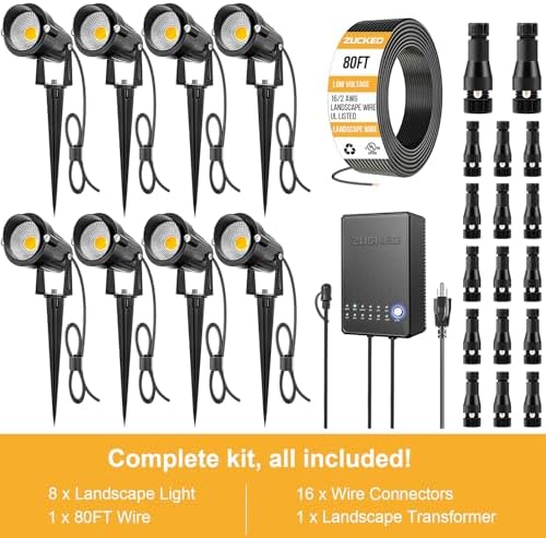 ZUCKEO All-in-One Landscape Lighting Kit, 5W LED Low Voltage Landscape Lights with Transformer and 80FT Wire, Waterproof Outdoor Spotlight with Connectors for Yard Garden House, 3000K 12-24V 8Pack - Image 5