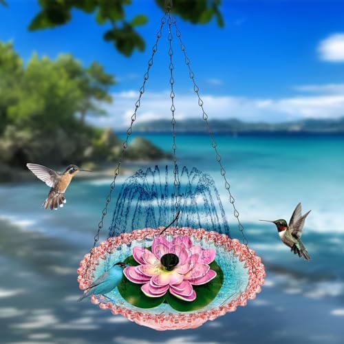 Hanging Bird Bath - Bird Bath Bowl with Solar Fountain Pump - Deck Mount Metal Bird Bath Bowl Powered by Water Fountain Pump for Outdoor Garden - Solar Powered Bird Bath Fountain (Pink) - Image 4
