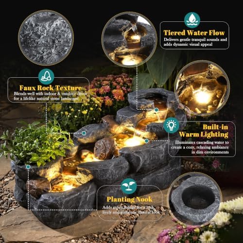 37.4" L Water Fountain Outdoor, 5-Tier Cascading Rock Waterfall, Gray - Image 4