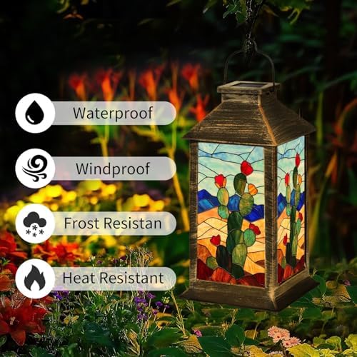Solar Lantern Majestic Mountains Western Film Style Stained Glass Outdoor Waterproof Garden Hanging Lantern Solar Powered Lighting Outside Table Lamp for Patio Deck Camping 1 Pack - Image 2