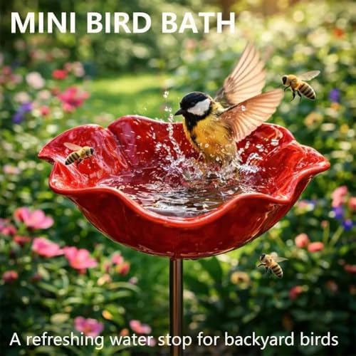 Metal Flower Garden Stakes with Bee Bath & Bird Water Bowl,Pollinator Watering Station,Hummingbird Bath Cup for Outdoor Yard Decor(RED,3PC) - Image 6