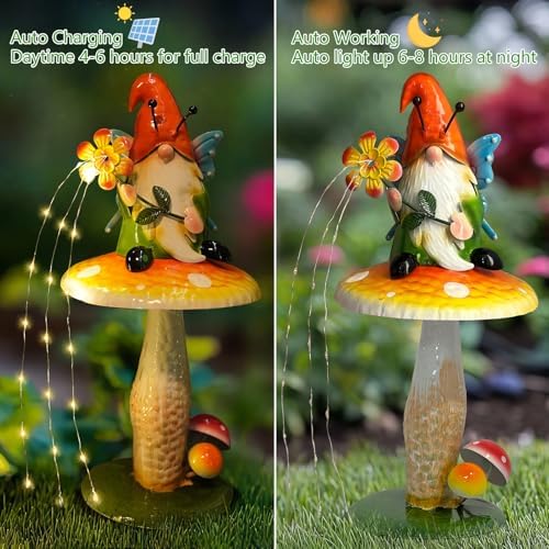 HONGLAND Solar Garden Gnome Figurine, Waterproof Outdoor Mushroom Decor with Solar Outdoor Lights for Yard, Patio, Lawn Ornaments, Ideal Gifts for Mom Grandma Women, Housewarming Gifts-16.5" - Image 3