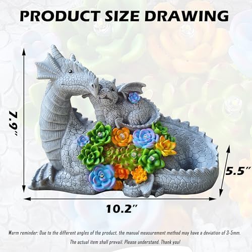 Dragon Solar Garden Statues Outdoor Decoration with Succulent and 6 LED Lights,Dragon Figurine Solar Lights Lawn Décor,Outside Statue Ornament for Patio, Balcony, Yard,Unique Gift for Mom - Image 2