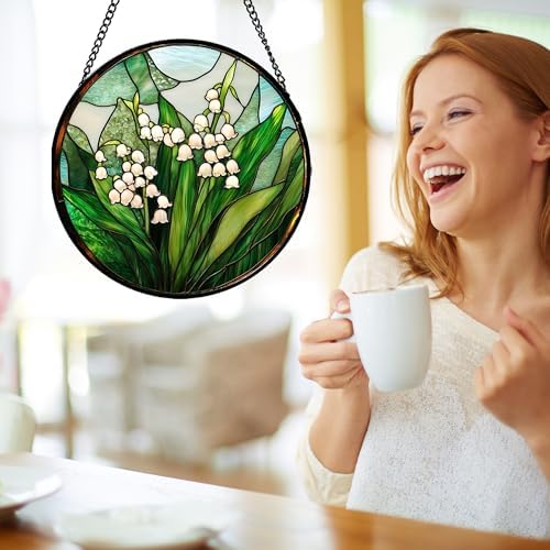 Stained Glass Window Hanging - White Green Lily of The Valley Suncatcher for Doors Garden Terrace Plant Sun Catchers Decor Mother's Day Birthday Flowers Gifts for Women Men Mom 11.8 in - Image 2