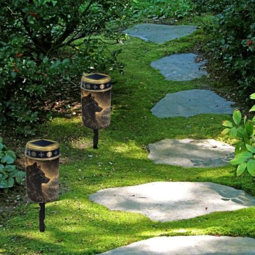 Poceacles Solar Pathway Lights Outdoor Grave Solar Lights Outside Waterproof Cemetery Flameless Candles Outdoor Grave Candle Markers Eternal Decor, Wolf Print Black Gold, 4 Pcs - Image 4