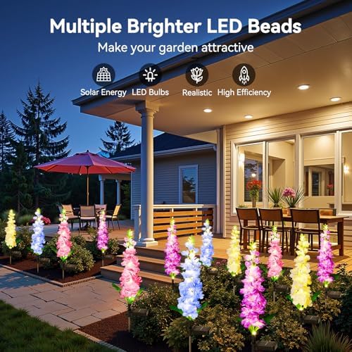KOOPER Solar Delphinium Flower Lights Outdoor, 8 Pack, 72 LEDs, Waterproof - Image 2