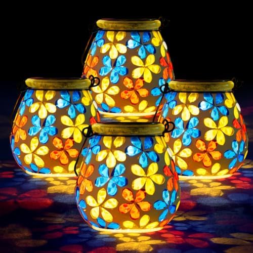 Stargarden 4Pack Mosaic Solar Lanterns, Flower Glass Hanging Lantern by Stargarden