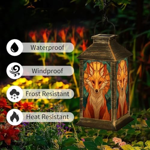 Solar Lantern Symmetrical Fox Stained Glass Outdoor Waterproof Garden Hanging Lantern Solar Powered Lighting Outside Solar Light for Patio Yard Camping, Gifts for Women Mom - Image 3