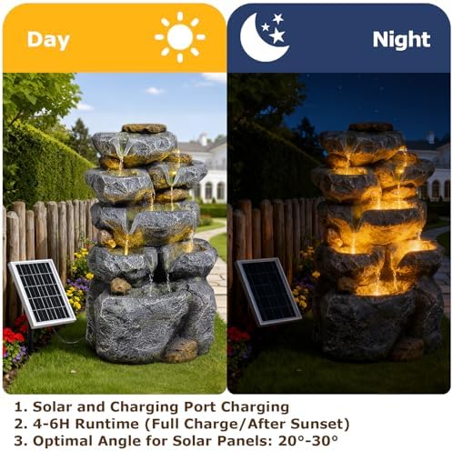 24" Tall Solar Powered Water Fountain Cascading Rock Waterfall - Image 6