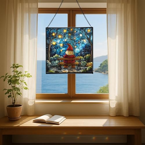 Gnome Stargazer Bench Stained Glass Suncatcher – Square Hanging Window Panel for Home or Greenhouse – Whimsical Glass Art Gift for Garden Lovers, Christmas, Halloween, Father Days lP3eNH - Image 6