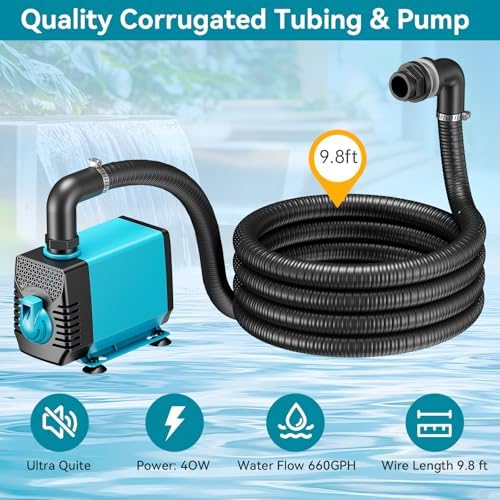 POPOSOAP Pond Waterfall with Pump Kit, 304 Stainless Steel Waterfall Spillway with 40W 660GPH Pump, Pond Spillway with 9.8FT Corrugated Tubing for Garden (12inch)-P43 - Image 5