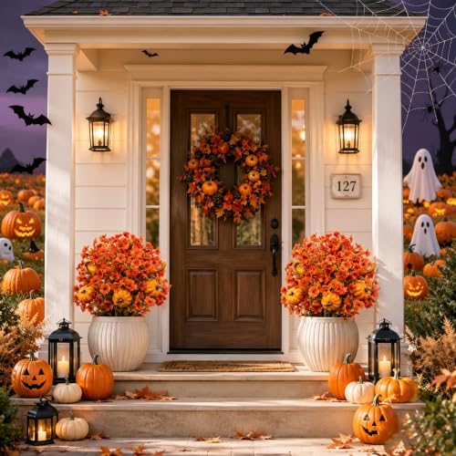 Outdoor Artificial Flowers Fake Plants, Artificial Topiary Balls with Ground Spikes, UV Resistant, Mix 4 Colors, 2 Pack, 20 inch, Garden Porch Patio Gravesite Indoor Decor (2 PCS Orange-Yellow) - Image 2