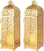 BHCJ 2-Pack Vintage Decorative Candle Lantern 12.5'' High Metal Moroccan Lantern Hanging Lantern with Hollow Pattern for Home Decorations Living Room Garden Parties Events Indoors Outdoors(Gold) by Unknown