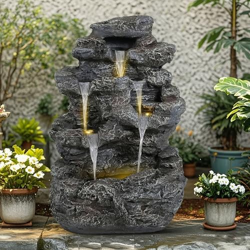 23.85" 5-Tier Concrete Fountain with LED Lights, Natural Rock Design - Image 4