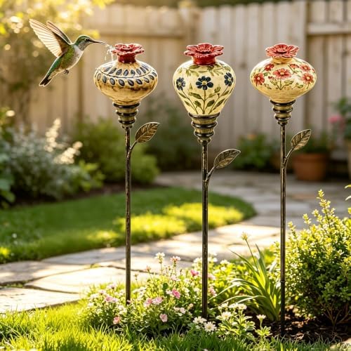 Vintage Ceramic Hummingbird Feeder Garden Stake Ornament，3 PCS by Unknown