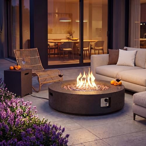 COSIEST 42 inch Outdoor Propane Fire Pit Coffee Table w Concrete Round Base Patio Heater, Certified, 50,000 BTU Stainless Steel Burner, Free Lava Rocks, Rain Cover, Tank Cover - Image 2