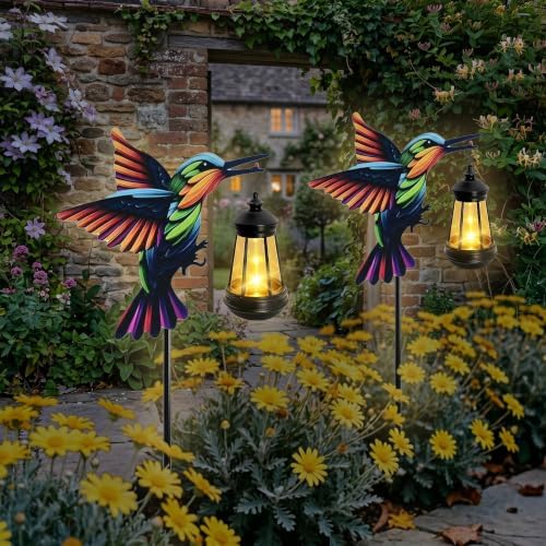 2 Pack Hummingbird Solar Garden Lights Waterproof Outdoor Metal Stakes with Solar Lantern Gifts for Women Mom Grandma Birthday for Path Yard Patio Porch Lawn (Warm White, Colorful Hummingbird) by Cynzia