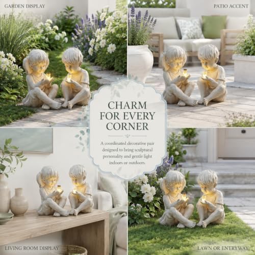 Large Garden Children Statues Light Up Firefly Jar Solar Powered | Set of 2 Figurines | Girl & Boy Garden Yard Art Décor, Indoor & Outdoor Ornament Gifts for Lawn, Patio , 7.5" W x11. 8”H Cream Gift - Image 3