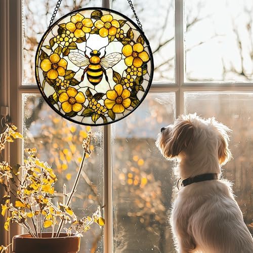 Bee Wreath Stained Glass Window Hanging Suncatcher Gifts for Women 12" - Image 2