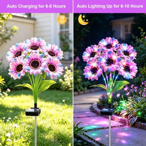Solar Garden Lights Outdoor, 6 Pack Solar Multicolor Sunflower Lights with 36 Head 3.5 Inch Flowers, Waterproof Flowers Light Fall Decor Auto ON/Off for Garden Yard Patio, Gifts for Mom Women - Image 3
