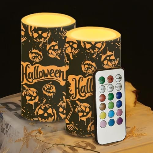 Set of 2 Flameless Candles with Remote Halloween Pumpkin Battery Operated Candles with Timer Flickering LED Elictric Pillar Lights for Trick or Treat Party Home Banquet Decor - Image 5