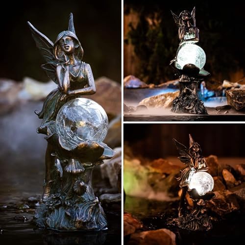 TERESA'S COLLECTIONS Fairy Garden Statue Solar Resin Patina Bronze 12.4" - Image 3