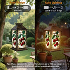 Solar Lantern Outdoor Garden Hanging Lantern Stained Glass Cherry Branch Green Leaves Red Fruit Vintage Style Waterproof Solar Powered Lighting Outside Table Lamp for Patio Deck Yard Camping - Image 4