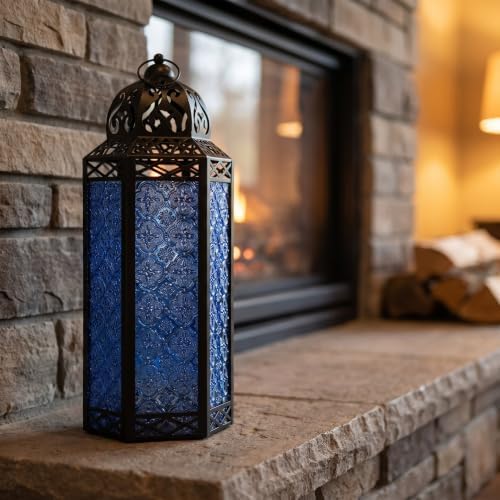 Vela Lanterns Decorative Indoor Candle Holder Table Centerpieces - Moroccan Hanging Outdoor Patio & Porch Home Decor, Turkish Floor Lamp for Wedding, Ramadan (Extra Large 16", Cobalt Blue Glass) - Image 6
