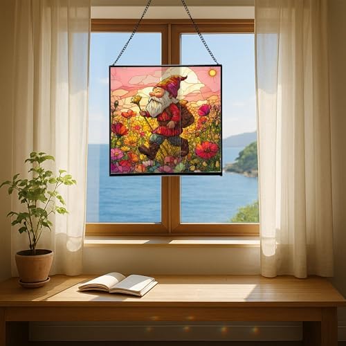 Poppy Meadow Gnome Stained Glass Suncatcher – Square Hanging Window Panel for Home or Greenhouse – Whimsical Glass Art Gift for Garden Lovers, Christmas, Halloween, Father Days DlIaQx - Image 6