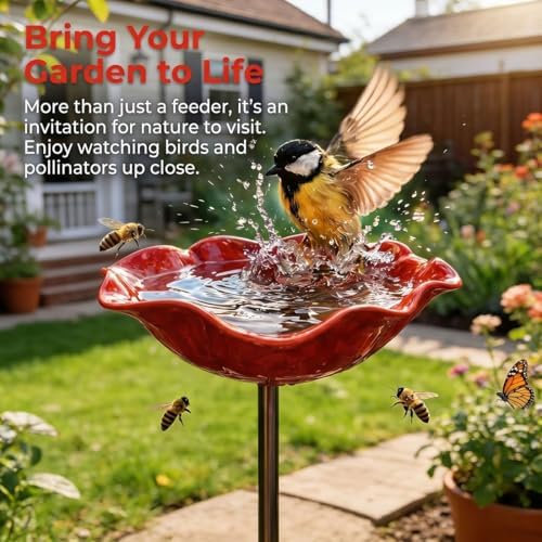 Handmade Metal Flower Garden Stake Bird Bath & Bee Watering Station, Upgraded Weather-Resistant Pollinator Water Bowl, Colorful Floral Decor for Outdoor Yard & Lawn (3PCSA) - Image 4