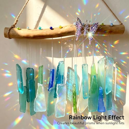 Handcrafted Driftwood Sea Glass Butterfly Wind Chime, Sea Glass Sun Catcher - Image 5