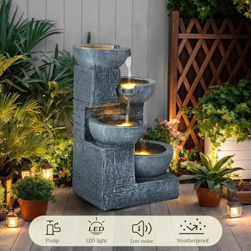 4 Tiered Waterfall Fountains, Outdoor Water Fountains with LED Lights, Garden Outside Brick Waterfalls, Modern Cascading Flow Fountain for Garden, Yard, Patio, Home Decor (Grey) - Image 5