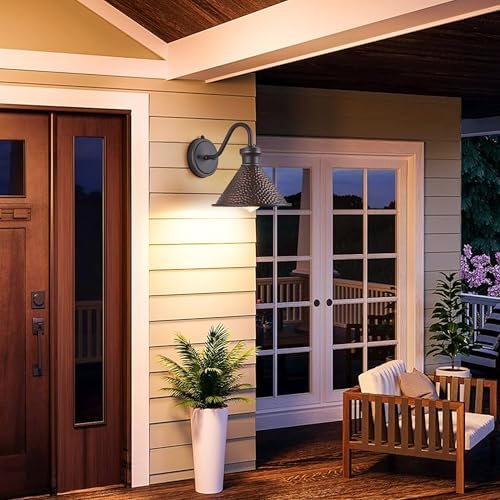 Tarentlight Dusk to Dawn Outdoor Gooseneck Wall Sconce with Dark Sky Cast Hammered Aluminum Shade in Oil Rubbed Bronze Finish,Anti-Rust Waterproof Outdoor Light for Farmhouse Porch Garage,1-Light E26 - Image 3