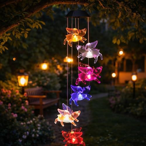 Flying Pig Wind Chime, 6-Led Solar Color Changing Mobile, 31.5 In / 80 Cm Black Shell Outdoor Decor, Gifts For Pet Lovers - Image 5