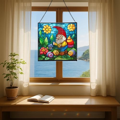 Gnome and Snail Friends Stained Glass Suncatcher – Square Hanging Window Panel for Home or Greenhouse – Whimsical Glass Art Gift for Garden Lovers, Christmas, Halloween, Father Days mID0zN - Image 6