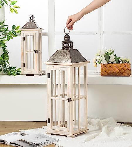TIMRIS Large Rustic Wooden Decorative Lantern Set of 2, Modern Farmhouse Distressed Whitewash Floor Candle Lanterns, Indoor/Outdoor Hanging Lanterns for Home Decor (No Glass) - Image 7