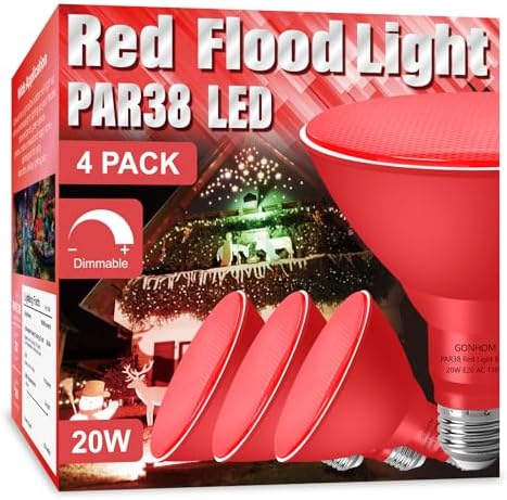 Gonhom PAR38 Flood Lights Outdoor,Dimmable LED Flood Light Bulbs,20W(Equivalent to 200W),E26 Base,Outdoor Porch,Holiday Lighting,LED Flood Light Bulb for Halloween,Christmas,4 Pack Red by Gonhom