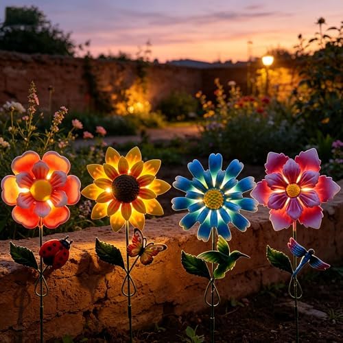 Solar Garden Stakes Lights for Outdoor Decor, 4 Pack Waterproof Metal Art Stick Flowers, Light for Outside Garden Patio Pathway Yard Backyard Porch Lawn - Image 4