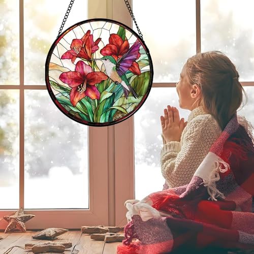 Red Flower Hummingbird Stained Glass Window Hanging Gifts for Women 9.8" - Image 2
