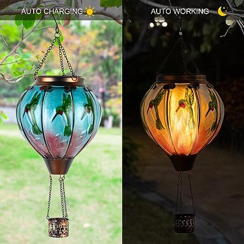 Larekook Hummingbird Hot Air Balloon Solar Lantern Outdoor Waterproof,Glass Garden Decor,Solar Hot Air Balloon Lantern with Flame Flickering Light for Yard Patio Lawn,Hummingbird Gifts for Women Mom - Image 5