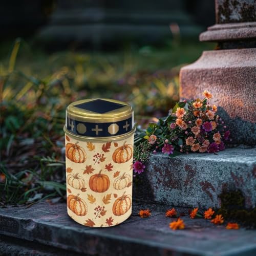 Poceacles Solar Powered Flameless Candle Cemetery Votive Candles Waterproof Outdoor Memorial Solar Stake Lights Home Outdoor Decoration, Pumpkin Fall Leaf Beige, Set of 6 - Image 3