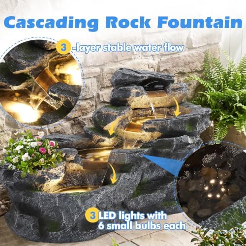 36.6" L Water Fountain Outdoor, 4-Tier Rock Cascading Water Feature - Image 4