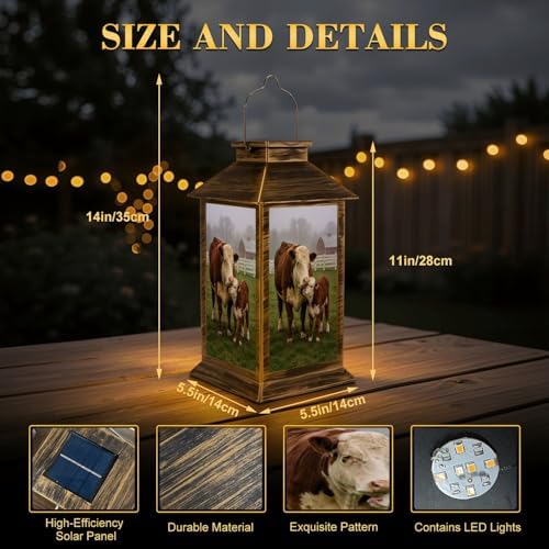 Solar Lantern Outdoor Waterproof Brown White Hereford Cow Young Calf Garden Decor LED Hanging Solar Lights Tabletop Lamp Gifts for Women Mom Outside Yard Patio Porch - Image 2