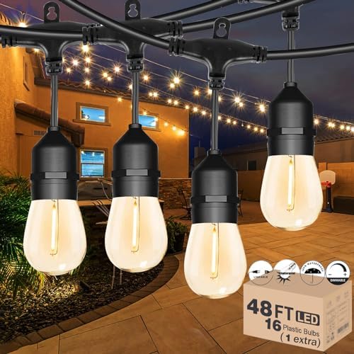 Outdoor String Lights for Outside 48FT with 15+1 2700K LED S14 Shatterproof Bulbs for Patio Back Yard Porch, Linkable by Meidaoduo